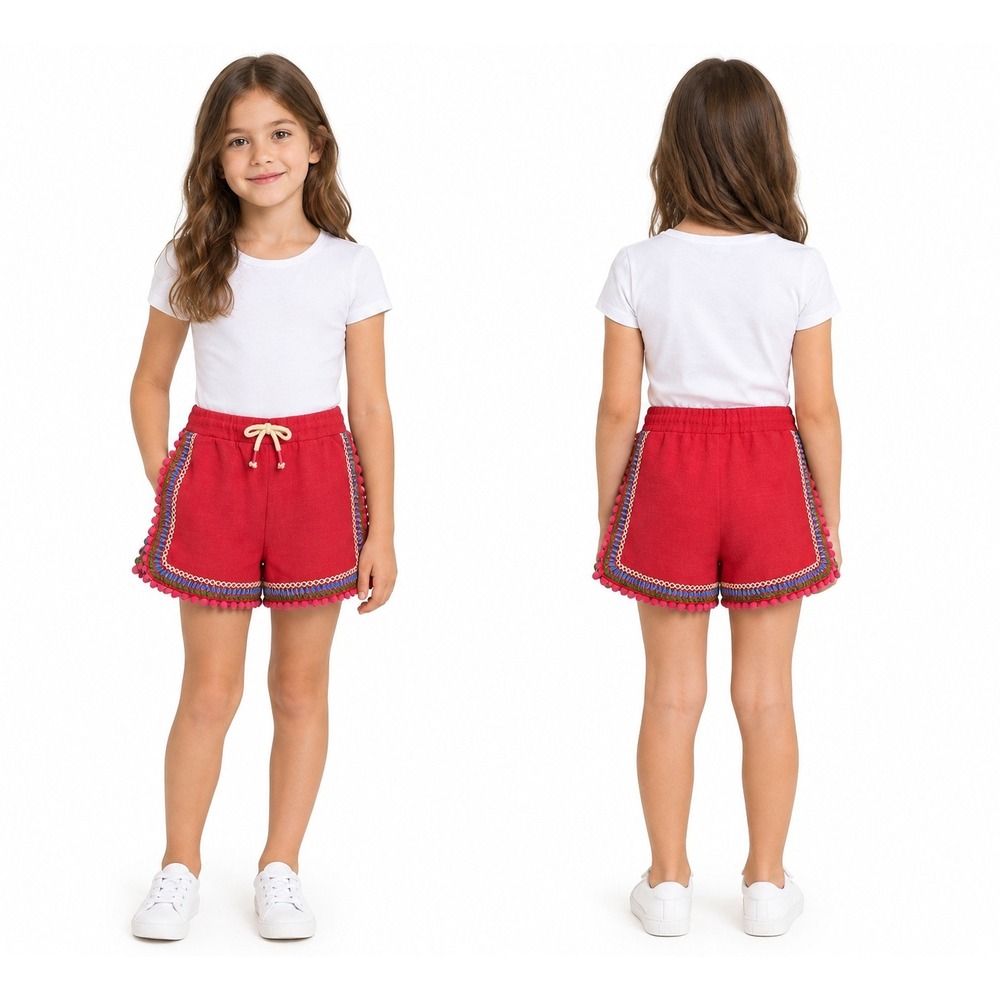 Boden Pom-Pom Embroidered Shorts Kids 6Y Red Excellent Boho Jersey
